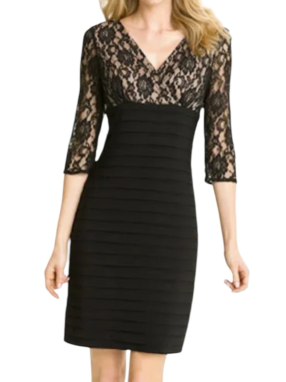 Adrianna Papell Black Lace V‑Neck Midi Sheath Dress